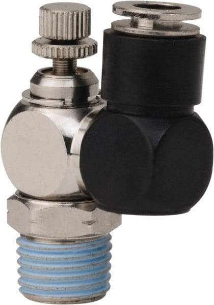 PRO-SOURCE - 1/4" Male NPT x 1/4" Tube OD Flow Control Offset Inline Valve - 0 to 113.76 psi & Techno Polymer, Brass, Steel Material - Caliber Tooling