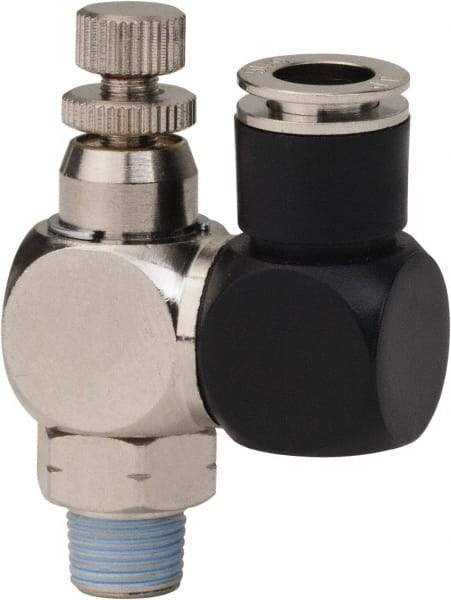 Value Collection - 1/8" Male NPT x 5/16" Tube OD Flow Control Offset Inline Valve - 0 to 113.76 psi & Techno Polymer, Brass, Steel Material - Caliber Tooling