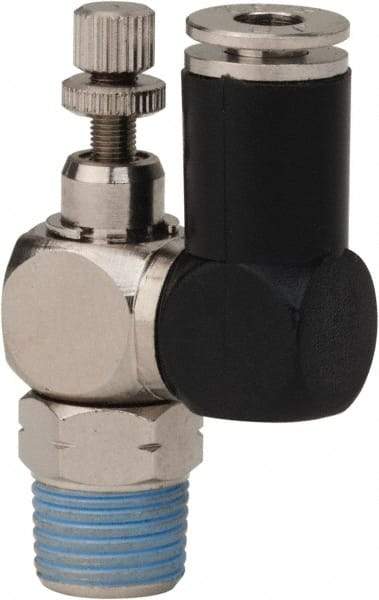 Value Collection - 1/8" Male NPT x 5/32" Tube OD Flow Control Offset Inline Valve - 0 to 113.76 psi & Techno Polymer, Brass, Steel Material - Caliber Tooling