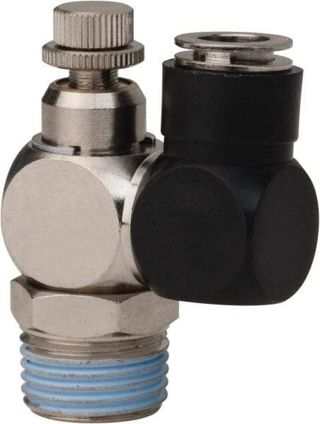 Value Collection - 1/2" Male NPT x 3/8" Tube OD Flow Control Offset Inline Valve - 0 to 113.76 psi & Techno Polymer, Brass, Steel Material - Caliber Tooling