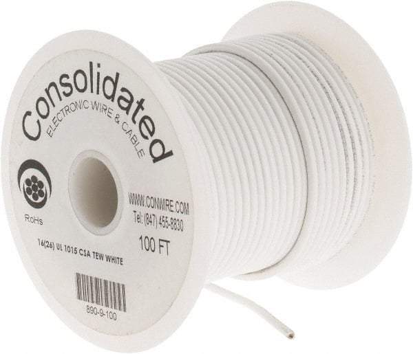 Made in USA - 16 AWG, 26 Strand, 100' OAL, Tinned Copper Hook Up Wire - White PVC Jacket, 0.117" Diam - Caliber Tooling