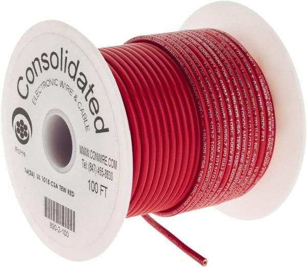 Made in USA - 16 AWG, 26 Strand, 100' OAL, Tinned Copper Hook Up Wire - Red PVC Jacket, 0.117" Diam - Caliber Tooling