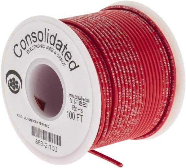 Made in USA - 22 AWG, 7 Strand, 100' OAL, Tinned Copper Hook Up Wire - Red PVC Jacket, 0.091" Diam - Caliber Tooling