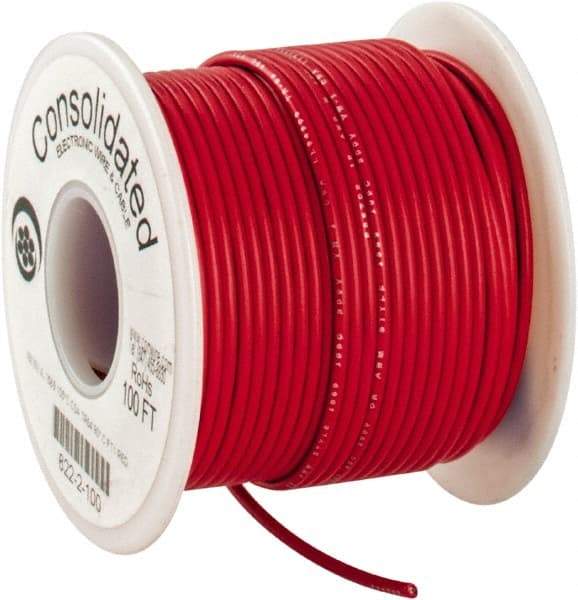 Made in USA - 18 AWG, 16 Strand, 100' OAL, Tinned Copper Hook Up Wire - Red PVC Jacket, 0.08" Diam - Caliber Tooling