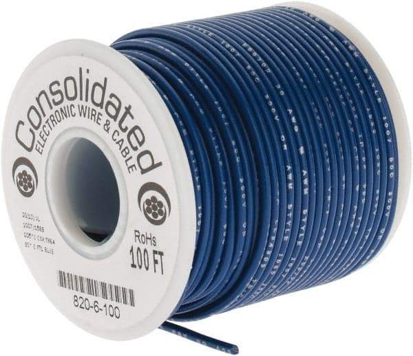 Made in USA - 20 AWG, 10 Strand, 100' OAL, Tinned Copper Hook Up Wire - Blue PVC Jacket, 0.07" Diam - Caliber Tooling