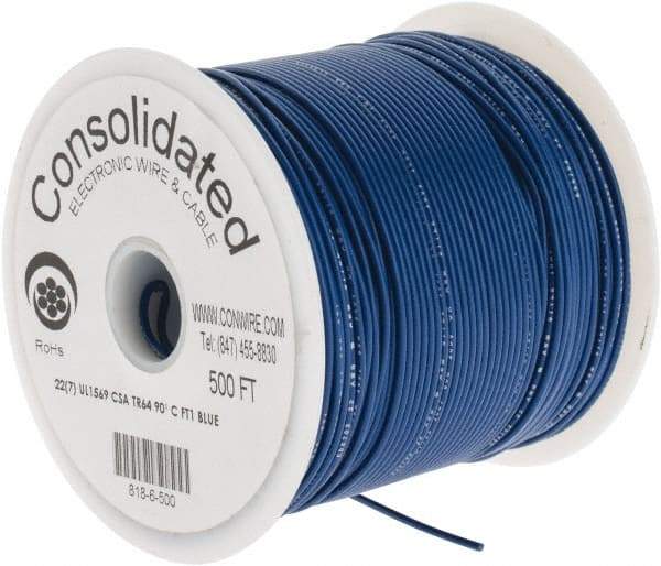 Made in USA - 22 AWG, 7 Strand, 500' OAL, Tinned Copper Hook Up Wire - Blue PVC Jacket, 0.062" Diam - Caliber Tooling