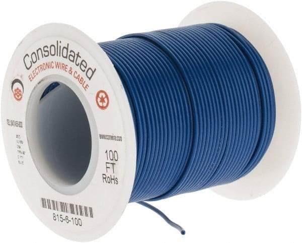 Made in USA - 26 AWG, 7 Strand, 100' OAL, Tinned Copper Hook Up Wire - Blue PVC Jacket, 0.051" Diam - Caliber Tooling