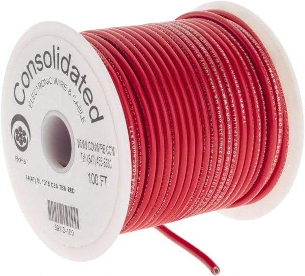 Made in USA - 14 AWG, 41 Strand, 100' OAL, Tinned Copper Hook Up Wire - Red PVC Jacket, 0.136" Diam - Caliber Tooling