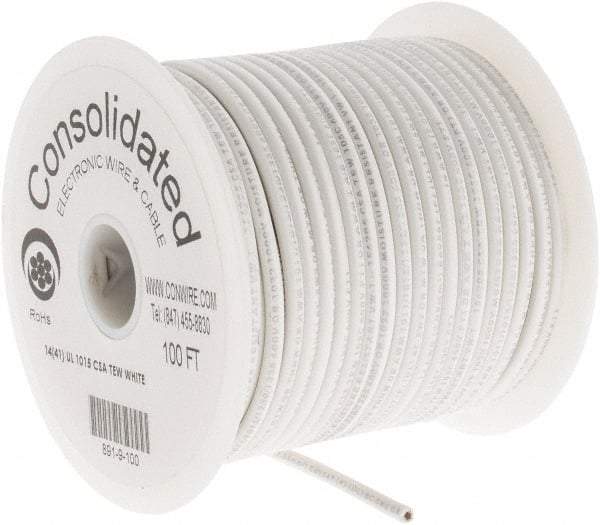 Made in USA - 14 AWG, 41 Strand, 100' OAL, Tinned Copper Hook Up Wire - White PVC Jacket, 0.136" Diam - Caliber Tooling