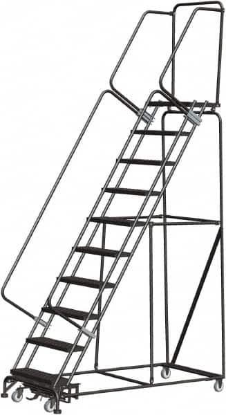 Ballymore - 133" 10 Step Rolling Warehouse Ladder - Lock Step Rolling Safety Ladder, 450 Lb Capacity, 100" Platform Height, 32" Base Width x 74" Base Depth, Perforated Tread - Caliber Tooling