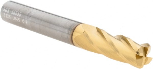 Corner Radius End Mill: 5/16″ Dia, 13/16″ LOC, 0.045″ Radius, 4 Flutes, Solid Carbide 2-1/2″ OAL, 5/16″ Shank Dia, 30 ° Helix, TiN Coated, Corner Radius End, Centercutting, Series 1CR