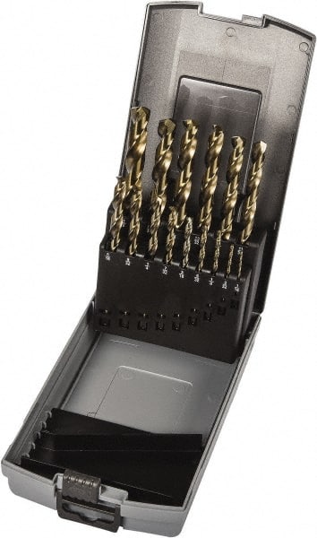 Precision Twist Drill - 1/16 to 1/2", 135° Point, Gold Finish, Cobalt Jobber Length Drill Bit Set - Caliber Tooling