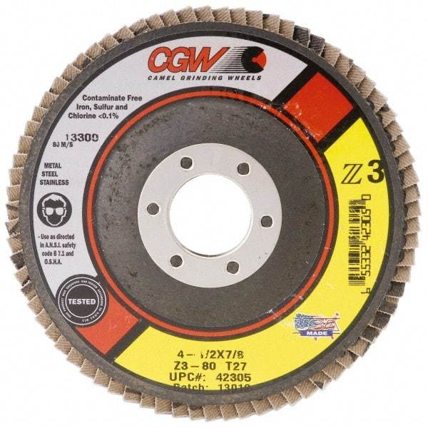 Camel Grinding Wheels - 80 Grit, 7" Disc Diam, 5/8-11 Center Hole, Type 27 Zirconia Alumina Flap Disc - 8,600 Max RPM, Poly Cotton Backing, Arbor Attaching System, Coated - Caliber Tooling