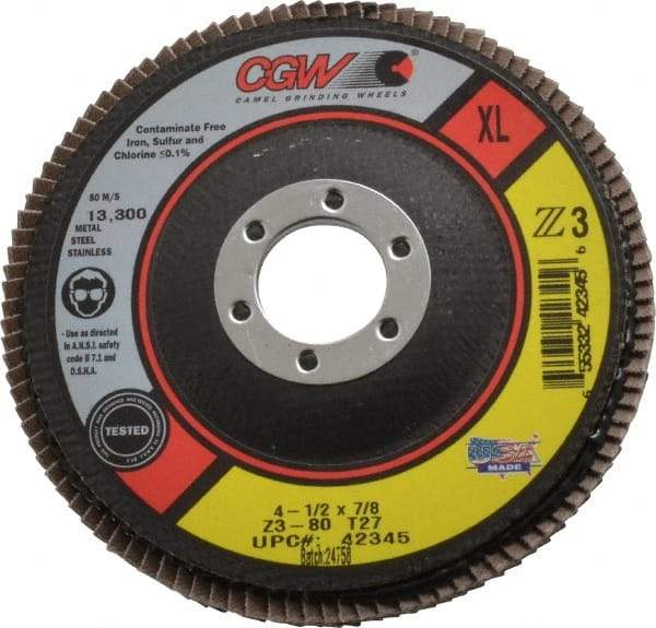 Camel Grinding Wheels - 80 Grit, 4-1/2" Disc Diam, 7/8" Center Hole, Type 27 Zirconia Alumina Flap Disc - 13,300 Max RPM, Poly Cotton Backing, Arbor Attaching System, Coated - Caliber Tooling