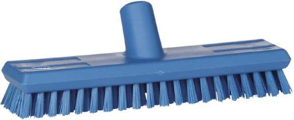 Vikan - 1" Bristle Length, Polyester Scrub Brush - 10-5/8" Long x 2-1/2" Wide Head, 11" OAL, European Threaded Handle, Blue, Polypropylene Block - Caliber Tooling