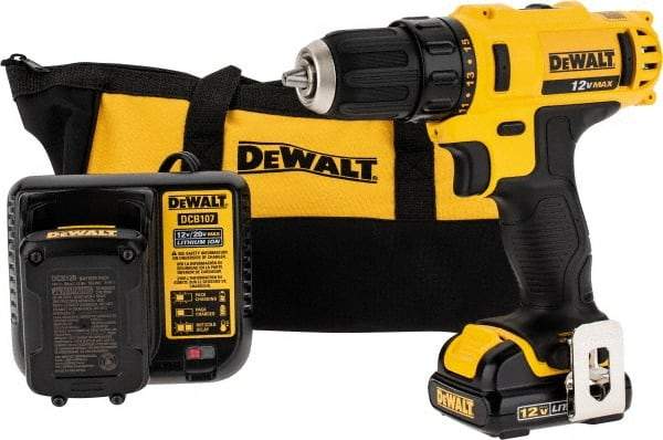 DeWALT - 12 Volt 3/8" Chuck Pistol Grip Handle Cordless Drill - 0-400 & 0-1500 RPM, Keyless Chuck, Reversible, 2 Lithium-Ion Batteries Included - Caliber Tooling