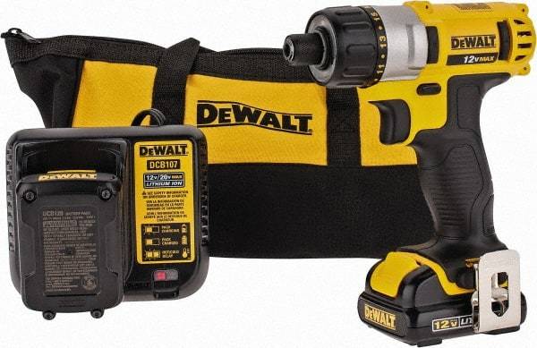 DeWALT - 12 Volt 1/4" Chuck Pistol Grip Handle Cordless Drill - 0-1050 RPM, Keyless Chuck, Reversible, 2 Lithium-Ion Batteries Included - Caliber Tooling