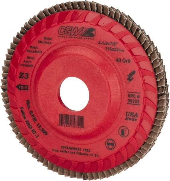 Camel Grinding Wheels - 40 Grit, 4-1/2" Disc Diam, 7/8" Center Hole, Type 27 Zirconia Alumina Flap Disc - 13,300 Max RPM, Poly Cotton Backing, Arbor Attaching System, Coated - Caliber Tooling