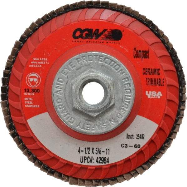 Camel Grinding Wheels - 60 Grit, 4-1/2" Disc Diam, 5/8-11 Center Hole, Type 27 Ceramic Flap Disc - 13,300 Max RPM, Polyester Backing, Arbor Attaching System, Coated - Caliber Tooling