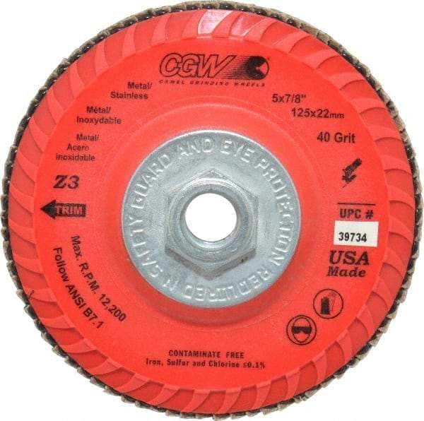 Camel Grinding Wheels - 40 Grit, 5" Disc Diam, 5/8-11 Center Hole, Type 27 Zirconia Alumina Flap Disc - 12,200 Max RPM, Poly Cotton Backing, Arbor Attaching System, Coated - Caliber Tooling