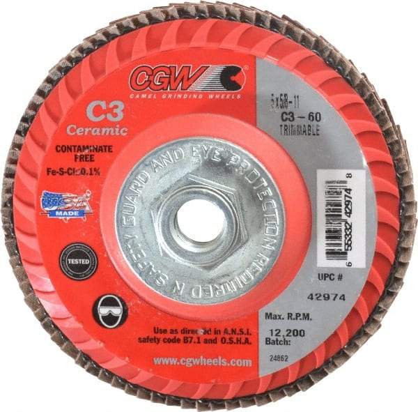 Camel Grinding Wheels - 60 Grit, 5" Disc Diam, 5/8-11 Center Hole, Type 27 Ceramic Flap Disc - 12,200 Max RPM, Polyester Backing, Arbor Attaching System, Coated - Caliber Tooling