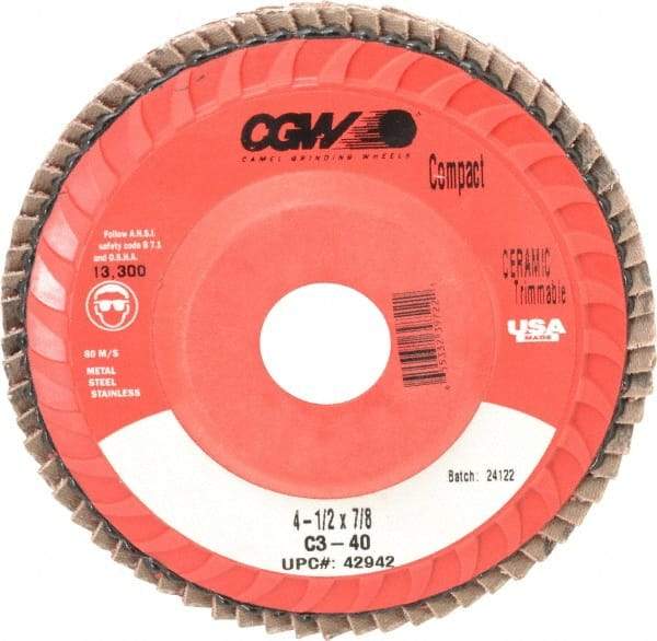 Camel Grinding Wheels - 40 Grit, 4-1/2" Disc Diam, 7/8" Center Hole, Type 27 Ceramic Flap Disc - 13,300 Max RPM, Polyester Backing, Arbor Attaching System, Coated - Caliber Tooling