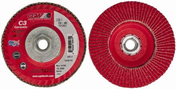 Camel Grinding Wheels - 40 Grit, 5" Disc Diam, 5/8-11 Center Hole, Type 27 Ceramic Flap Disc - 12,200 Max RPM, Polyester Backing, Arbor Attaching System, Coated - Caliber Tooling