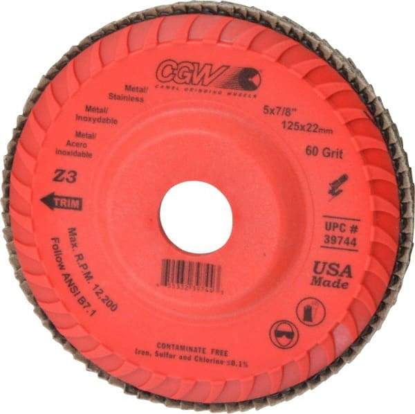 Camel Grinding Wheels - 60 Grit, 5" Disc Diam, 7/8" Center Hole, Type 27 Zirconia Alumina Flap Disc - 12,200 Max RPM, Poly Cotton Backing, Arbor Attaching System, Coated - Caliber Tooling