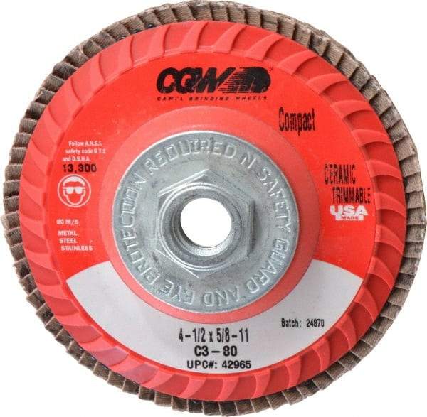 Camel Grinding Wheels - 80 Grit, 4-1/2" Disc Diam, 5/8-11 Center Hole, Type 27 Ceramic Flap Disc - 13,300 Max RPM, Polyester Backing, Arbor Attaching System, Coated - Caliber Tooling