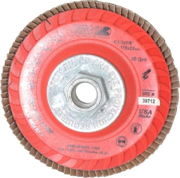 Camel Grinding Wheels - 40 Grit, 4-1/2" Disc Diam, 5/8-11 Center Hole, Type 27 Zirconia Alumina Flap Disc - 13,300 Max RPM, Poly Cotton Backing, Arbor Attaching System, Coated - Caliber Tooling