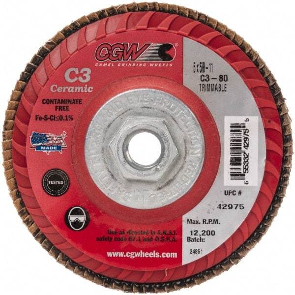 Camel Grinding Wheels - 80 Grit, 5" Disc Diam, 5/8-11 Center Hole, Type 27 Ceramic Flap Disc - 12,200 Max RPM, Polyester Backing, Arbor Attaching System, Coated - Caliber Tooling