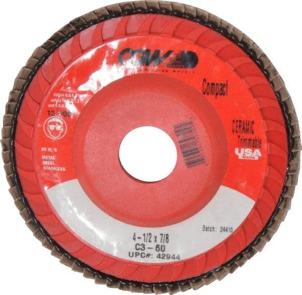 Camel Grinding Wheels - 60 Grit, 4-1/2" Disc Diam, 7/8" Center Hole, Type 27 Ceramic Flap Disc - 13,300 Max RPM, Polyester Backing, Arbor Attaching System, Coated - Caliber Tooling