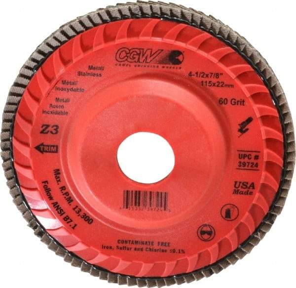 Camel Grinding Wheels - 60 Grit, 4-1/2" Disc Diam, 7/8" Center Hole, Type 27 Zirconia Alumina Flap Disc - 13,300 Max RPM, Poly Cotton Backing, Arbor Attaching System, Coated - Caliber Tooling