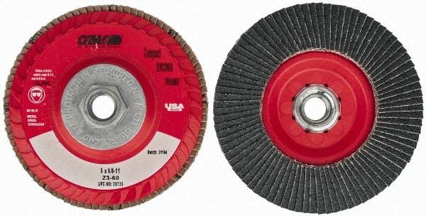 Camel Grinding Wheels - 60 Grit, 5" Disc Diam, 5/8-11 Center Hole, Type 27 Zirconia Alumina Flap Disc - 12,200 Max RPM, Poly Cotton Backing, Arbor Attaching System, Coated - Caliber Tooling