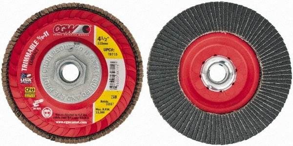 Camel Grinding Wheels - 80 Grit, 4-1/2" Disc Diam, 5/8-11 Center Hole, Type 27 Zirconia Alumina Flap Disc - 13,300 Max RPM, Poly Cotton Backing, Arbor Attaching System, Coated - Caliber Tooling