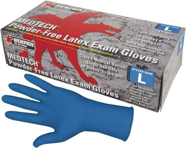 MCR Safety - Size M, 11 mil, Medical Grade, Powder Free Latex Disposable Gloves - 12" Long, Blue, Textured Rolled Cuffs, FDA Approved, Ambidextrous - Caliber Tooling