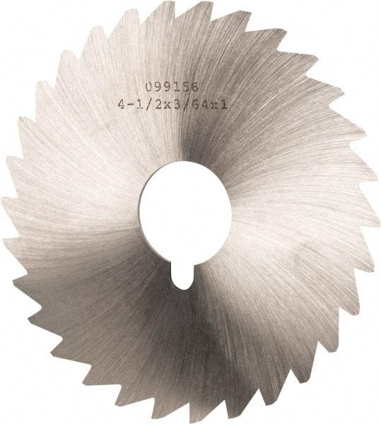 Made in USA - 4-1/2" Diam x 3/64" Blade Thickness x 1" Arbor Hole Diam, 36 Tooth Slitting and Slotting Saw - Arbor Connection, Right Hand, Uncoated, High Speed Steel, Concave Ground, Contains Keyway - Caliber Tooling