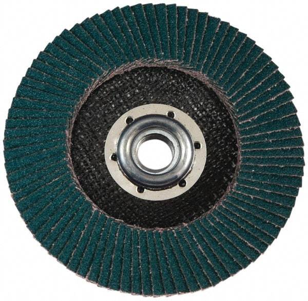 3M - 120 Grit, 7" Disc Diam, 5/8-11 Center Hole, Type 27 Zirconia Alumina Flap Disc - Cloth Backing, Arbor Attaching System, Coated - Caliber Tooling