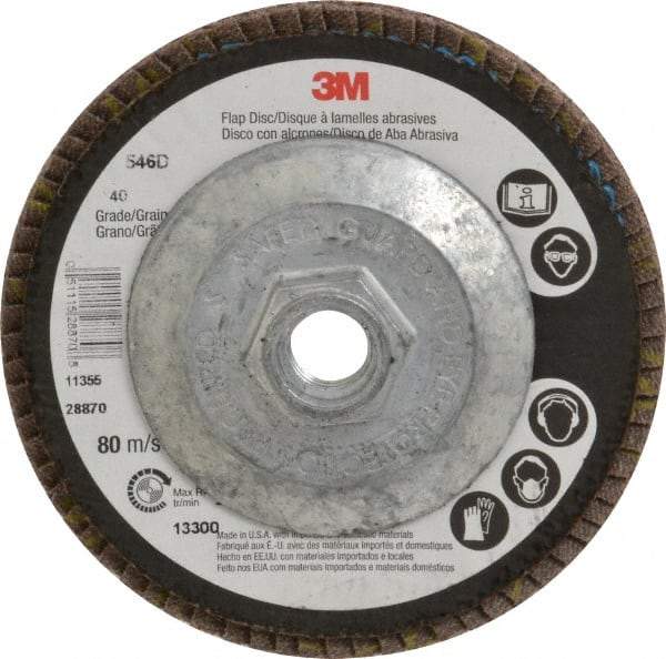 3M - 40 Grit, 4-1/2" Disc Diam, 5/8-11 Center Hole, Type 29 Zirconia Alumina Flap Disc - Cloth Backing, Arbor Attaching System, Coated - Caliber Tooling