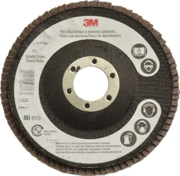 3M - 60 Grit, 4-1/2" Disc Diam, 7/8" Center Hole, Type 29 Zirconia Alumina Flap Disc - Cloth Backing, Arbor Attaching System, Coated - Caliber Tooling