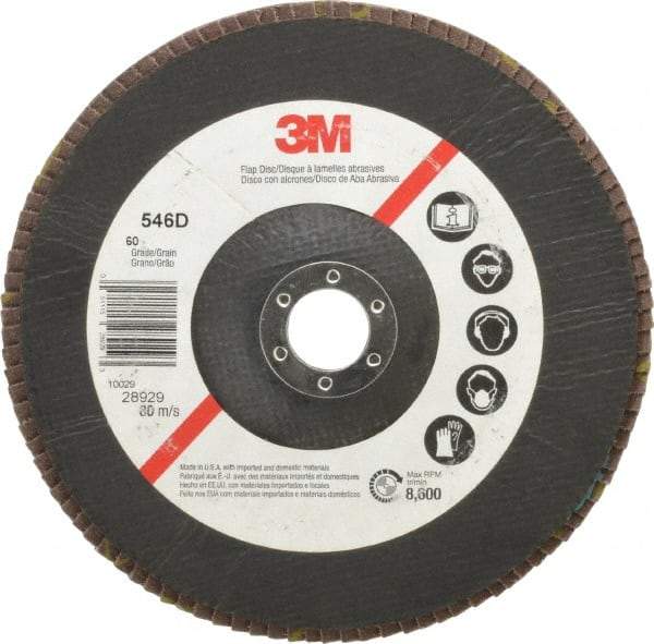 3M - 60 Grit, 7" Disc Diam, 7/8" Center Hole, Type 29 Zirconia Alumina Flap Disc - Cloth Backing, Arbor Attaching System, Coated - Caliber Tooling