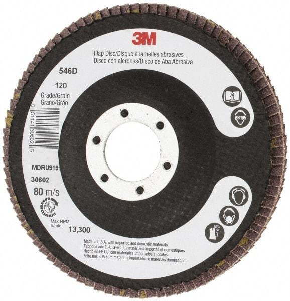 3M - 120 Grit, 4-1/2" Disc Diam, 7/8" Center Hole, Type 27 Zirconia Alumina Flap Disc - Cloth Backing, Arbor Attaching System, Coated - Caliber Tooling