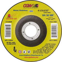 Camel Grinding Wheels - 36 Grit, 4-1/2" Wheel Diam, 3/32" Wheel Thickness, Type 27 Depressed Center Wheel - Medium Grade, Aluminum Oxide, Resinoid Bond, 13,300 Max RPM - Caliber Tooling