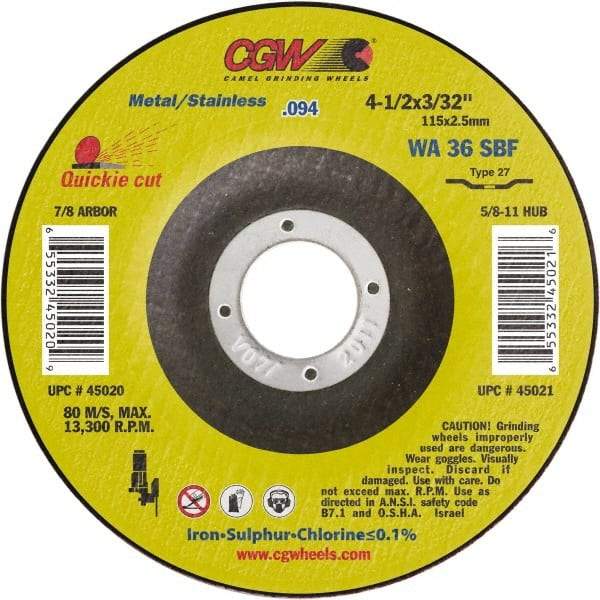 Camel Grinding Wheels - 36 Grit, 7" Wheel Diam, 3/32" Wheel Thickness, Type 27 Depressed Center Wheel - Medium Grade, Aluminum Oxide, Resinoid Bond, 8,600 Max RPM - Caliber Tooling