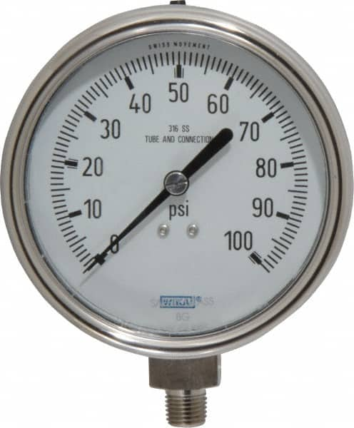 Wika - 4" Dial, 1/4 Thread, 0-100 Scale Range, Pressure Gauge - Lower Connection Mount, Accurate to 1% of Scale - Caliber Tooling