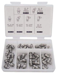 PRO-LUBE - 40 Piece, Inch, Box Plastic Stainless Steel Grease Fitting Set - Includes PTF, UNF Thread Types, Includes 1/4-28 SAE-LT: (10) Straight, (5) 45°, (5) 90°, 1/8-27 PTF: (10) Straight, (5) 45°, (5) 90° - Caliber Tooling