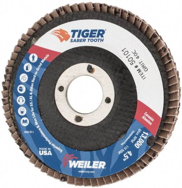 Weiler - 40 Grit, 4-1/2" Disc Diam, 7/8" Center Hole, Type 29 Ceramic Flap Disc - 13,000 Max RPM, Phenolic Backing, Arbor Attaching System, Coated - Caliber Tooling