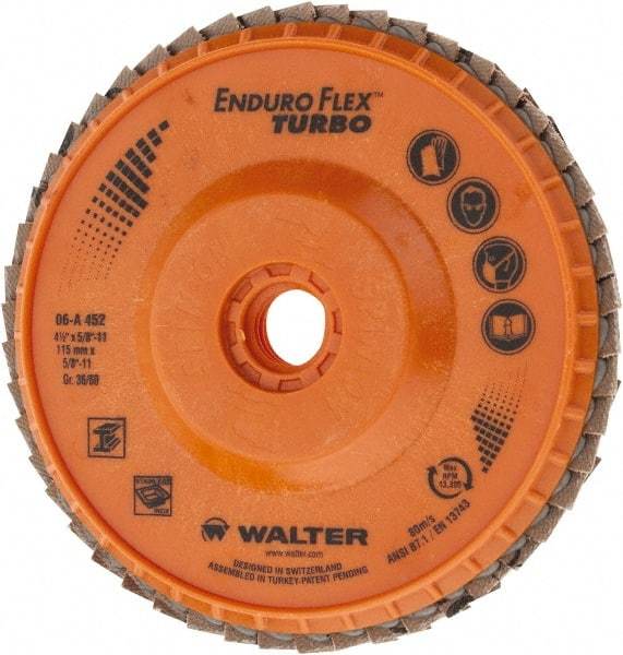 WALTER Surface Technologies - 36 Grit, 4-1/2" Disc Diam, 5/8-11 Center Hole, Type 29 Ceramic Flap Disc - 13,300 Max RPM, Plastic Backing, Arbor Attaching System, Coated - Caliber Tooling