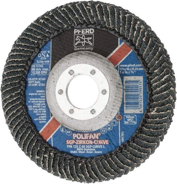 PFERD - 40 Grit, 5" Disc Diam, 7/8" Center Hole, Type 27 Zirconia Alumina Flap Disc - 12,200 Max RPM, Fiberglass Backing, Arbor Attaching System, Coated - Caliber Tooling