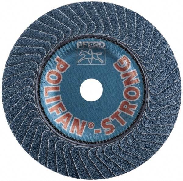 PFERD - 36 Grit, 4-1/2" Disc Diam, 7/8" Center Hole, Type 29 Zirconia Alumina Flap Disc - 13,300 Max RPM, Fiberglass Backing, Arbor Attaching System, Coated - Caliber Tooling